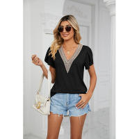 BUNO-2025 Camiseta holgada de manga corta con cuello en V para mujer, Top informal de encaje de Color puro, camiseta holgada cómoda y transpirable para verano - details 44