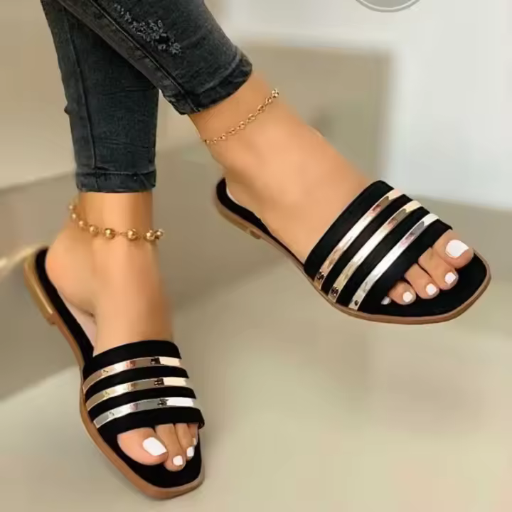 Zapatillas planas a rayas de Metal para mujer, zapatos de verano a la moda, sandalias informales para exteriores, talla grande 43 - 1