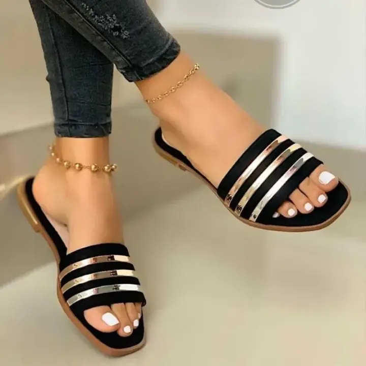 Zapatillas planas a rayas de Metal para mujer, zapatos de verano a la moda, sandalias informales para exteriores, talla grande 43 - 1