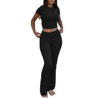 Jersey de cuello redondo, camiseta de manga corta, cintura alta, pantalones acampanados de yoga informales, conjunto deportivo - details 1