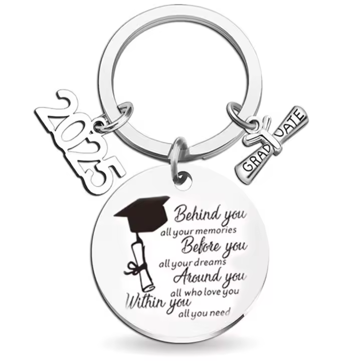 LLavero de acero inoxidable para estudiantes, colgante de Metal para graduación, plateado, grabado, ceremonia, regalo escolar, 2025 - 1