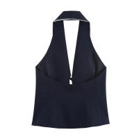 TRAFZA, camisetas sin mangas con espalda descubierta estilo callejero de verano para mujer, azul marino, cuello vuelto, sin mangas, lazo con cordones, chalecos de moda para mujer - details 2