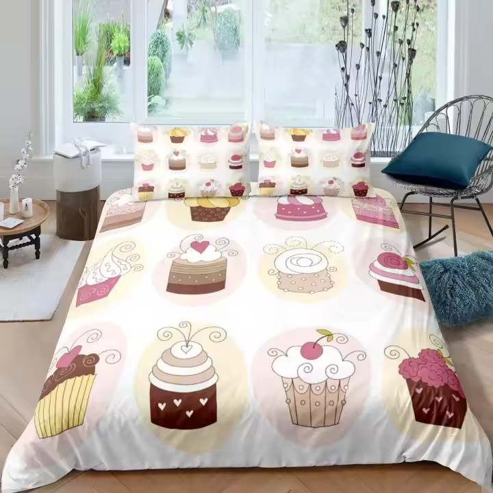 Cubierta de Edredón con Diseño de Rey y Reina de Pasteles de Dibujos Animados para Cama de Niños Regalo de Cumpleaños Polyester Set de Muebles de Dormitorio con Helado y Cupcake - 1