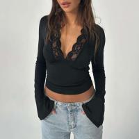 Camiseta tejida con cinta Ence para mujer, blusas estéticas Y2k de manga larga con cuello en V profundo, ropa de calle - details 1