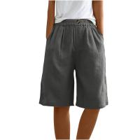 Pantalones Cortos de Lino y Algodón para Mujer Color Sólido, Cintura Suelta, Bolsillo, Botón, Moda Casual - details 36