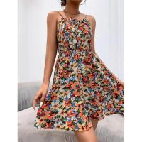 Vestido corto de verano nuevo elegante sin mangas con estampado y correa elástica en la cintura para mujer. - details 21