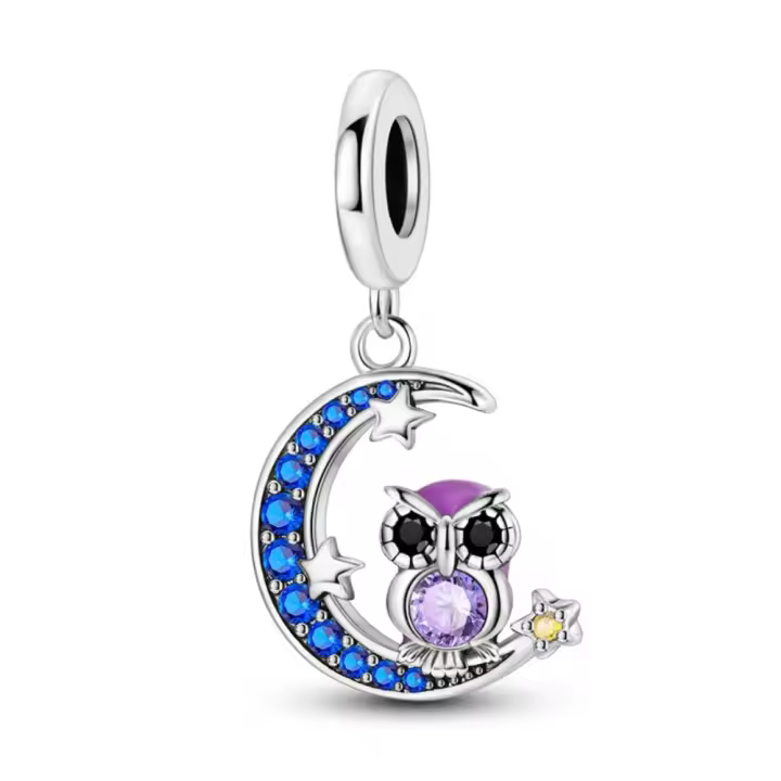 Colgante de Pulsera de Plata Esterlina 925 Estrella Luna Noche Búho Colgante de Piedra Blanca - 1