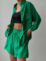 Camisa de manga larga con un solo pecho de color liso, pantalones cortos sueltos, informal de moda nuevo - details 8