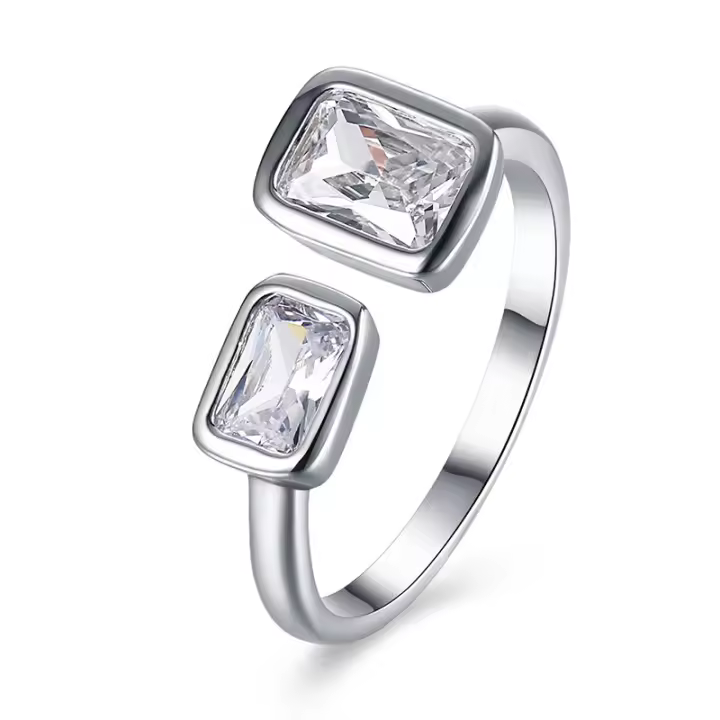 Anillo Abierto de cristal de circón Rectangular para Mujer, joyería de moda, Plata de Ley 925 - 1