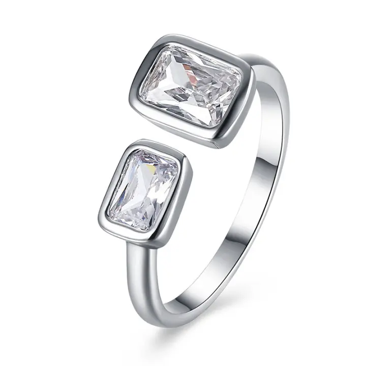 Anillo abierto de cristal de circón Rectangular para mujer, joyería de moda, Plata de Ley 925 - 1