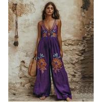 2025 Verano Nuevo, Mono De Pierna Ancha Con Tirantes Florales De Algodón Y Lino Con Estampado Retro Morado. - details 2