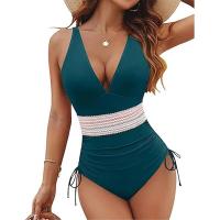 con control de barriga para mujer Traje de baño modesto adelgazante de una pieza con cordón de bloque de color - details 12