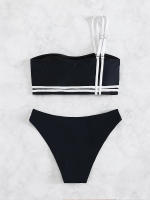 Conjunto de Bikini unicolor con tirantes para mujer, Sexy para el hombro con una correa traje de baño, 2 piezas - details 3
