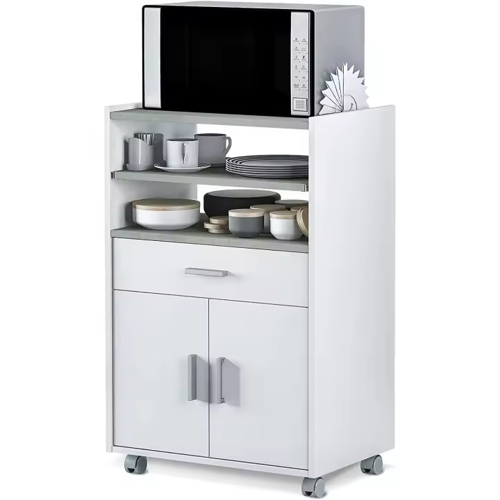Mueble Microondas, Armario con 1 Cajón y 2 Puertas, Acabado en Blanco Artik y Cemento, - 1