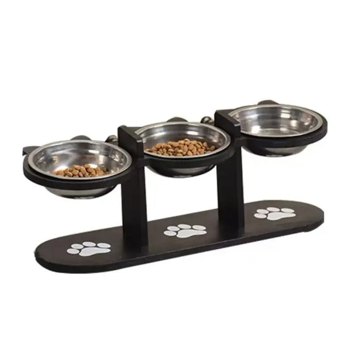 Estante de madera para el hogar, cuenco elevado para perros y gatos, alimentador de alimentos para mascotas de acero inoxidable 3 en 1, cuenco de agua para mascotas con inclinación de 15 grados, golosinas para mascotas - 1