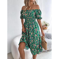 Primavera Verano 2025 Europeo y Americano Floral Cuello Cuadrado Manga Corta Cintura con Volantes Falda Línea A - details 29