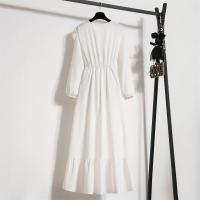 Vestido largo ajustado a la cintura con jersey de manga larga de color liso para mujer - details 9