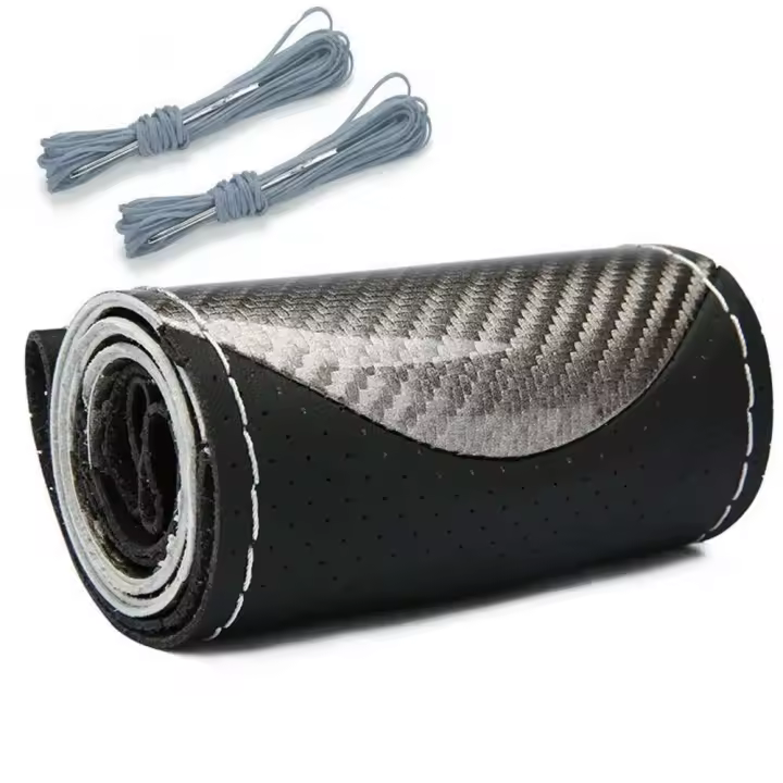 Funda de fibra de carbono para volante de coche, cosida a mano, protección de cuero PU, tejido, 38cm - 1