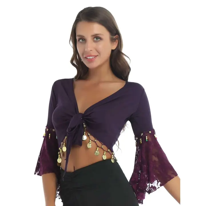 Traje de danza del vientre para mujer, mangas acampanadas de tres cuartos, chal con cuentas y borlas, Tops cortos, ropa para el escenario - 1