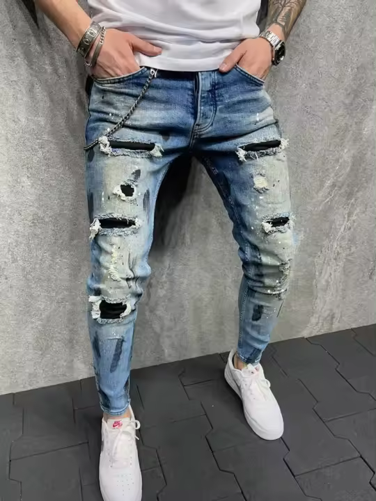 Nuevos jeans para hombre con parches interiores a cuadros ylish, sartén de tubo de mezclilla informal de direed elaic, sartén para correr - 1