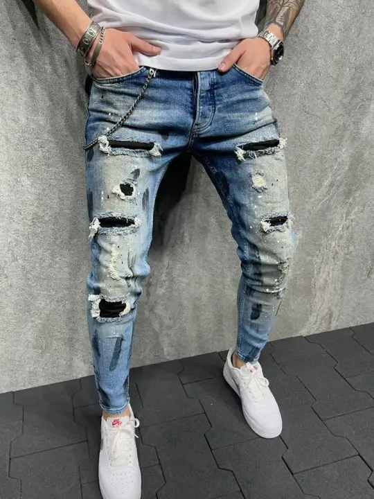 Nuevos jeans para hombre con parches interiores a cuadros ylish, sartén de tubo de mezclilla informal de direed elaic, sartén para correr - 1