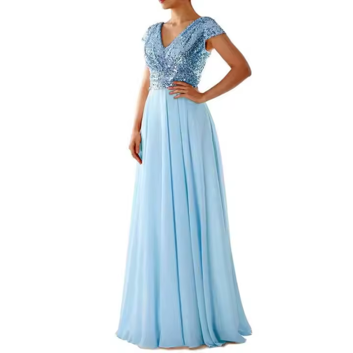 2022 nueva moda mujer señora fiesta de noche lentejuelas cuello en V largo novia sirena sin mangas A-line cola Maxi vestido - 1