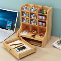 Organizador de bolígrafos de madera multifuncional, organizador de escritorio con cajón, caja de soporte de bolígrafos de gran capacidad, estilo INS - details 4