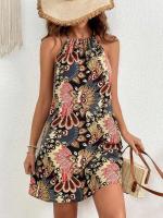 Vestidos bohemios de verano para mujer, vestido Vintage con estampado integral y cuello Halter, Vestidos de vacaciones con temperamento colgante sin mangas - details 4