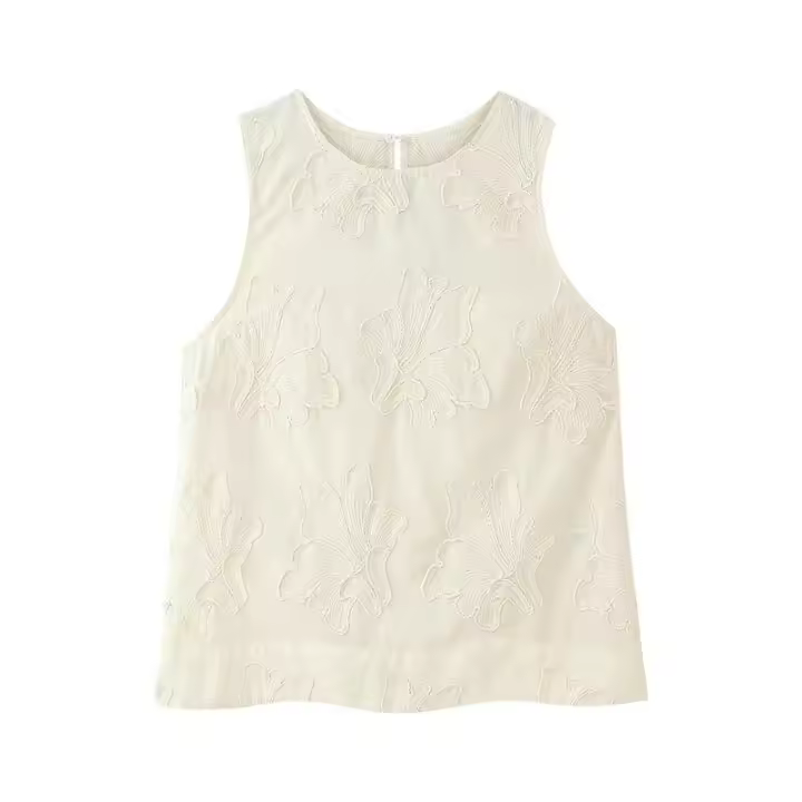 - Acogedora moda de verano bordada para mujer, top hueco sin mangas con cuello redondo + pantalones rectos con cordón, informal sólido - 1
