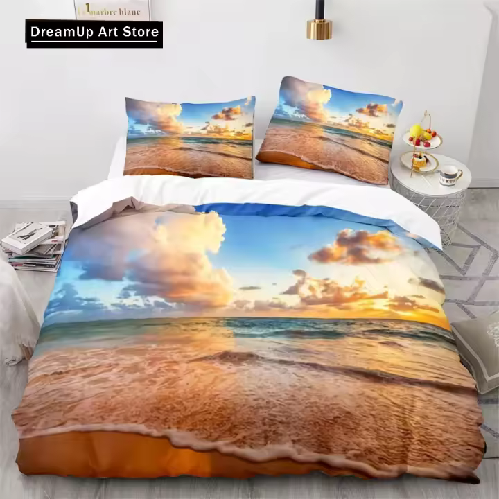 Juego de Ropa de Cama de Playa Oceanía Cubierta de Edredón de Ondas Tropicales de Anochecer - 1
