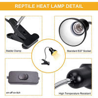 Lámpara de calor para reptiles, luz solar de espectro completo UVA UVB con Clip giratorio e interruptor para acuario, color blanco y negro - details 2