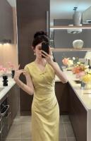 Nuevo estilo chino cheongsam mejorado, estilo francés joven, vestido amarillo claro exquisito y de alta gama para socialité, verano - details 10