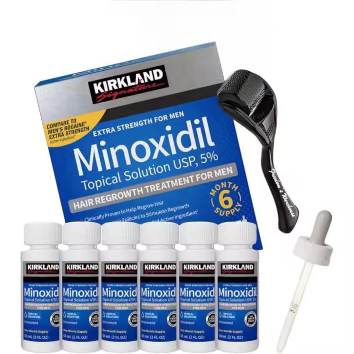 (Paquete de 6) Kirkland Minoxidil para hombres Tratamiento para el crecimiento del cabello, solución tópica líquida extra fuerte al 5%, suministro para 6 meses - Aplicador cuentagotas y rodillo de microagujas incluidos - Minoxidil Kirkland - 1