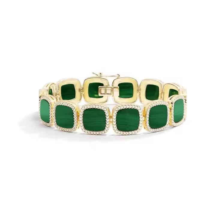 ΑΡМ Pulsera de aleación amarilla de oro de 18 quilates, brazalete de malaquita, circonita cúbica blanca, antideslustre y antialérgico - 1
