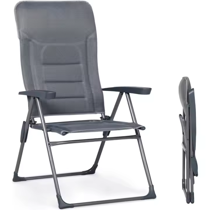 Silla de Jardín Plegable de Aluminio 150kg, Respaldo, Ajuste Altamente, Reposabrazos y Reposacabezas 2 Pcs, Gris - 1