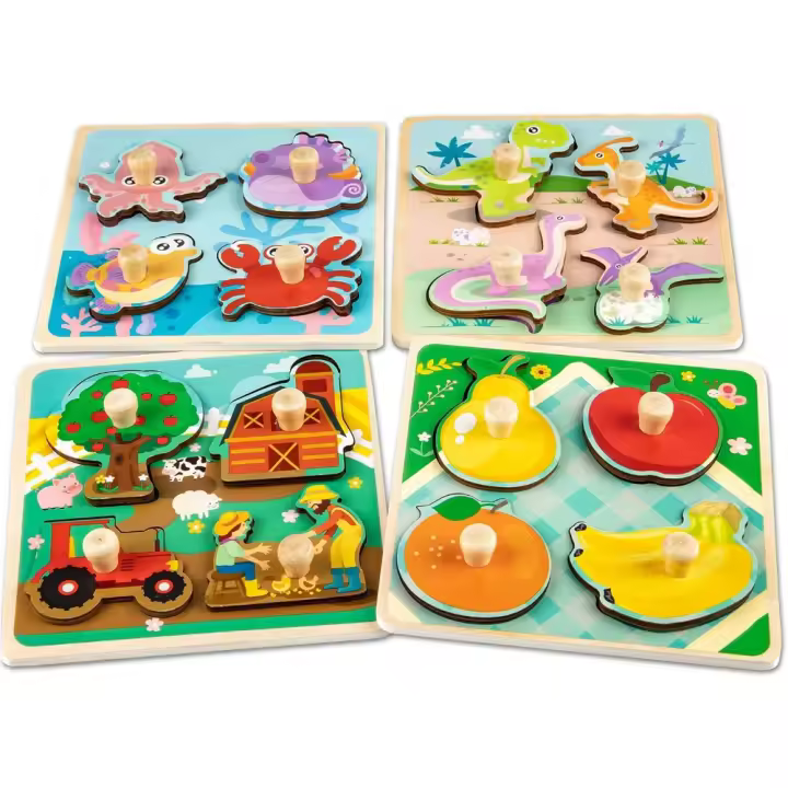 Rompecabezas de Madera Montessori 4Pcs Puzzles Infantiles con Mango Juguetes Educativos de Frutas Animales - 1