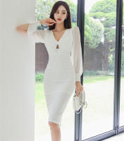 BGTEEVER-vestido ajustado con cuello en V para mujer, prenda elegante de manga larga con cintura ajustada, color liso, para otoño - details 14