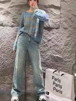 Jeans con Diamantes para Mujer Pantalones Holgados de Cintura Alta con Diamantes de Imitación Azules Ropa de Calle a la Moda - details 3
