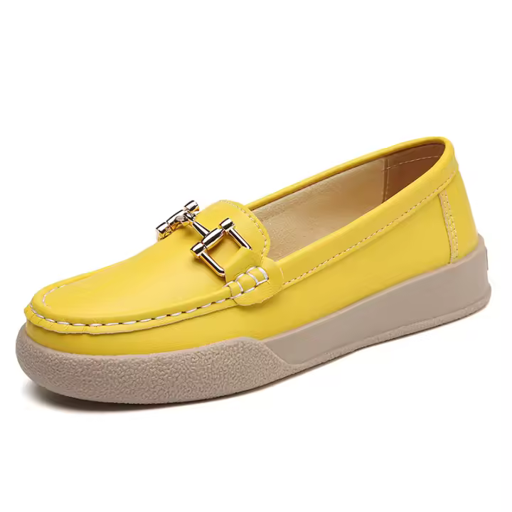 Mocasines de cuero casuales clásicos para mujer, zapatos planos cómodos para caminar con hebilla dorada - 1