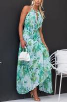 Vestido largo estampado verde para mujer elegante sin mangas con cuello halter para fiesta nocturna y club nocturno - details 3