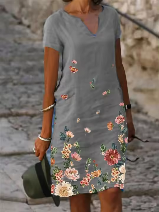 Vestido Midi de Verano Vintage con Estampado Vestido Corto de Algodón con Cuello en V para Mujeres - 1