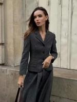 Blazer de lana sintética texturizada para mujer, traje con solapa, chaqueta ajustada con una hilera de botones, falda tipo capa plisada de cintura alta, conjunto elegante de invierno - details 4