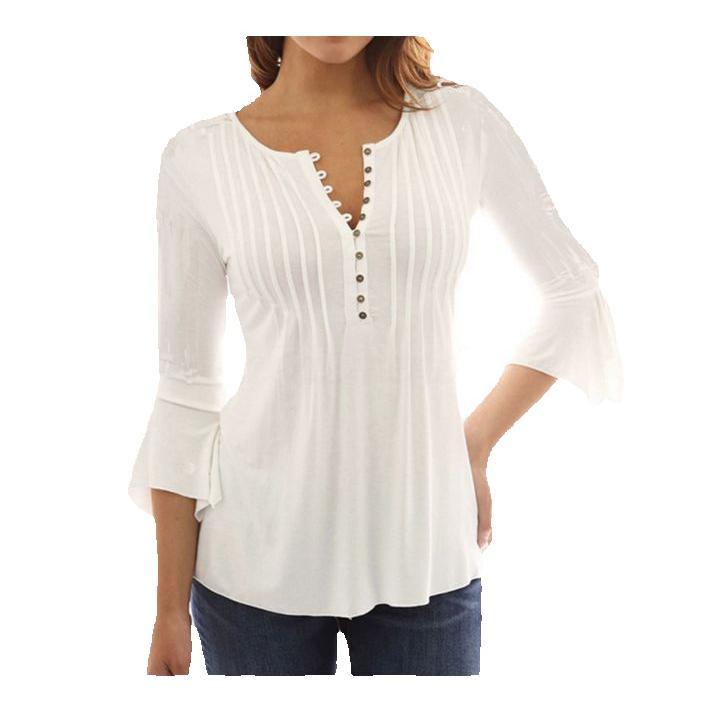 Blusa de Lycra para mujer, Camiseta con cuello Henley, Túnica plisada de manga larga, Top blanco, rojo, negro, Morado, 36, 34