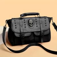 Bolso Gótico Punk de Hueso Bolso de Mano de Cuero Sintético Negro de Gran Capacidad con Correa Desmontable y Destacadores de Remache Perfecto para Halloween, Festivales de Música y Uso Diario - details 2