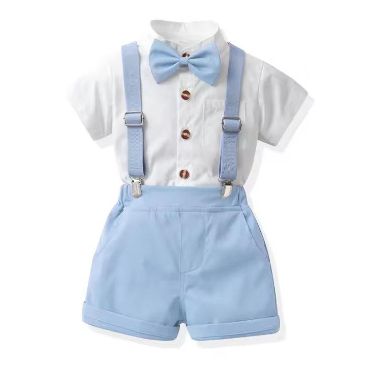 Conjunto de verano para niños, camisa elegante para bebé, monos de estilo coreano para niños, conjunto de traje de caballero de boda con lazo - 1