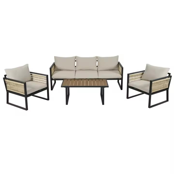 Conjunto de sillones de jardín, conjunto de muebles de jardín de 4 piezas, sofá de 3 plazas, 2 sillones y mesa de centro, exterior, tablero de madera plástica, reposabrazos de cuerda trenzada, acero galvanizado, beige - 1