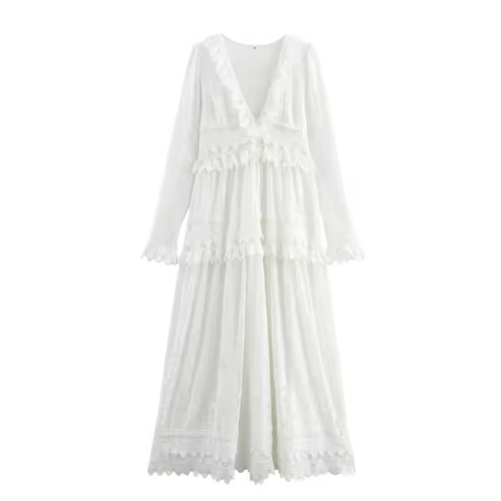 Vestido Largo de Encaje OUWU Estilo Playero con Volantes Escalonados para Mujer - 1