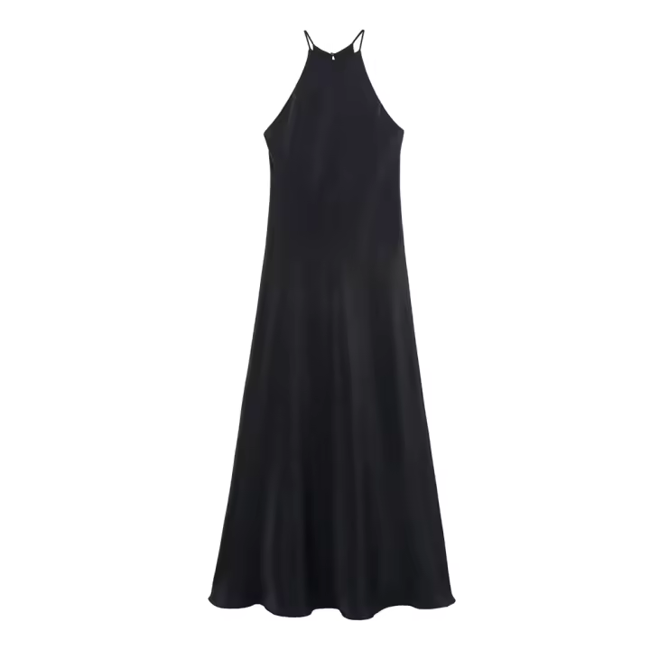 Vestido largo de noche sencillo con textura satinada PB&ZA2025, cuello halter, ajuste slim, tirantes, para verano, ropa de mujer. - 1