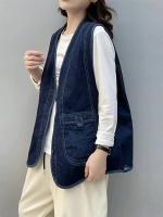 Chaleco de Mezclilla Vintage para Mujeres Masss Wasss 2024 Primavera Sin Mangas Moda Clásica Suelta Casual Cuello en V Cintura con Botones Blanco - details 5