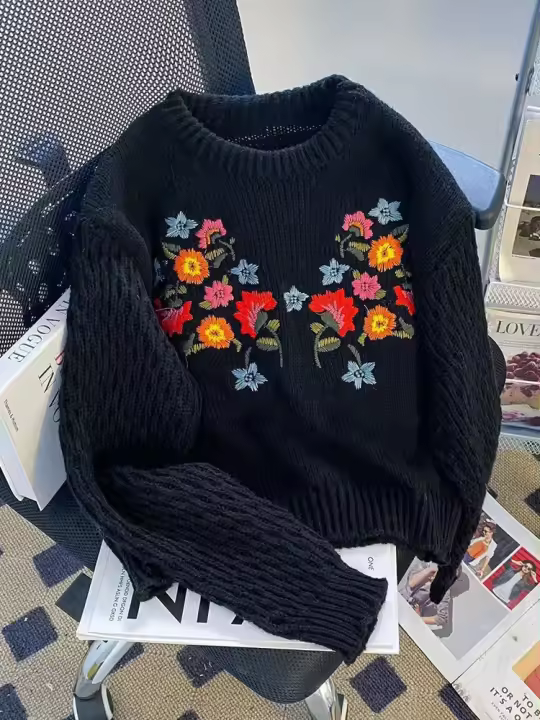 Jersey floral de cachemira, manga grande coreana para mujer - 1